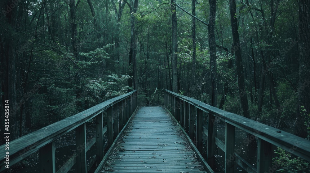 Cinematic Photography Capturing Boardwalk Amidst Forest Trees Cinematic Photography Capturing Boardwalk Amidst Forest Trees