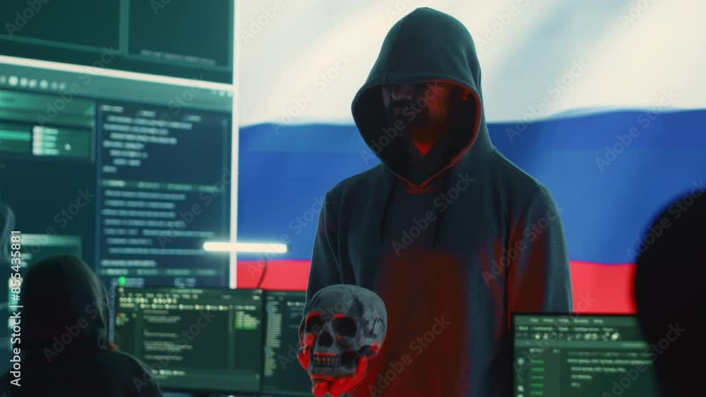 Digital outlaw hacker in a dark hood issuing cyber threats with a human skull to make death threats, aggressive malicious intent. Russian man committing cybercrime and scamming nations. Camera A. Digital outlaw hacker in a dark hood issuing cyber threats with a human skull to make death threats, aggressive malicious intent. Russian man committing cybercrime and scamming nations. Camera A.