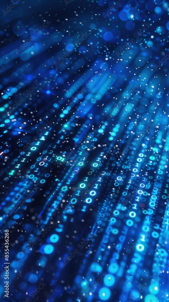 Binary code digits on a glowing blue background, digital data stream. Technology and digital concept Binary code digits on a glowing blue background, digital data stream. Technology and digital concept