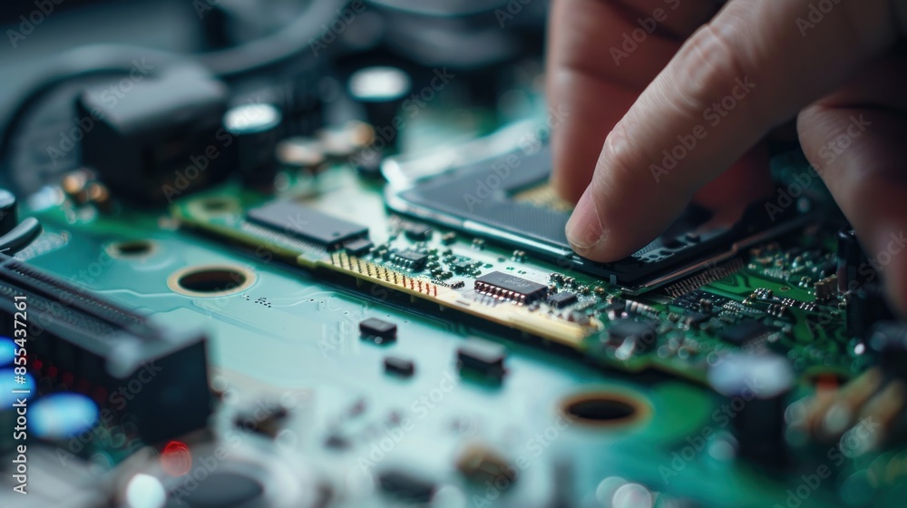 Close-up of a hand installing a cpu on a motherboard Close-up of a hand installing a cpu on a motherboard
