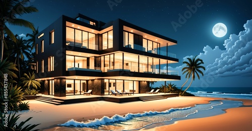 mansion house on tropical beach at night. modern home exterior beachfront property on seashore next to ocean sea water. © Shane Sparrow