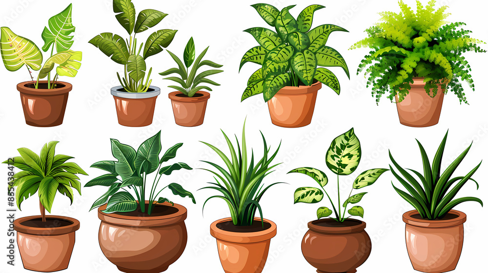 Fototapeta premium Set of different plants in pots isolated on white background illustration
