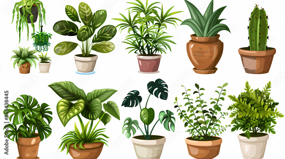 Obraz premium Set of different plants in pots isolated on white background illustration