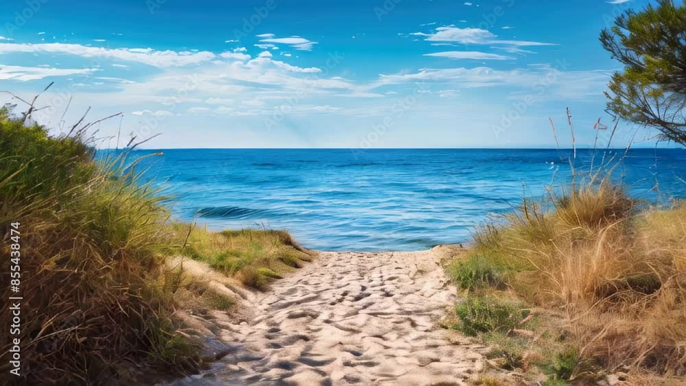 Sandy path leading to tranquil blue sea with clear skies and greenery Sandy path leading to tranquil blue sea with clear skies and greenery