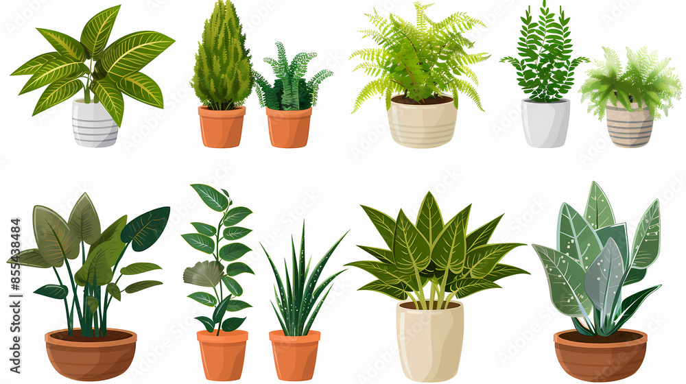 Obraz premium Set of different plants in pots isolated on white background illustration