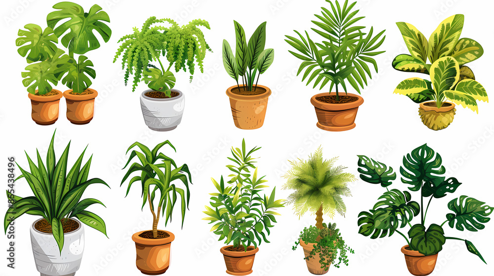 Obraz premium Set of different plants in pots isolated on white background illustration