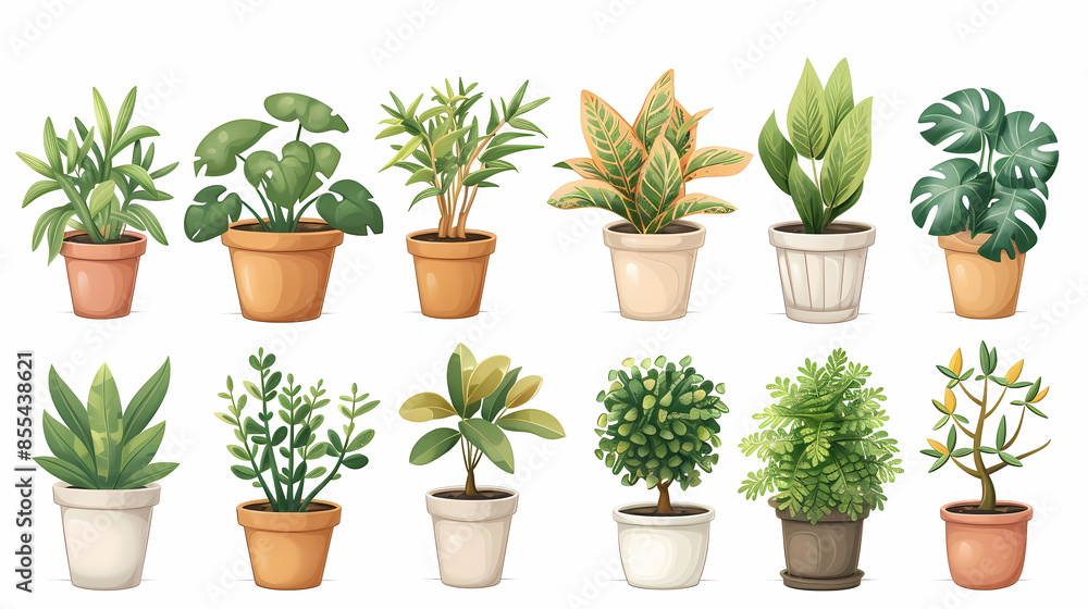 Fototapeta premium Set of different plants in pots isolated on white background illustration