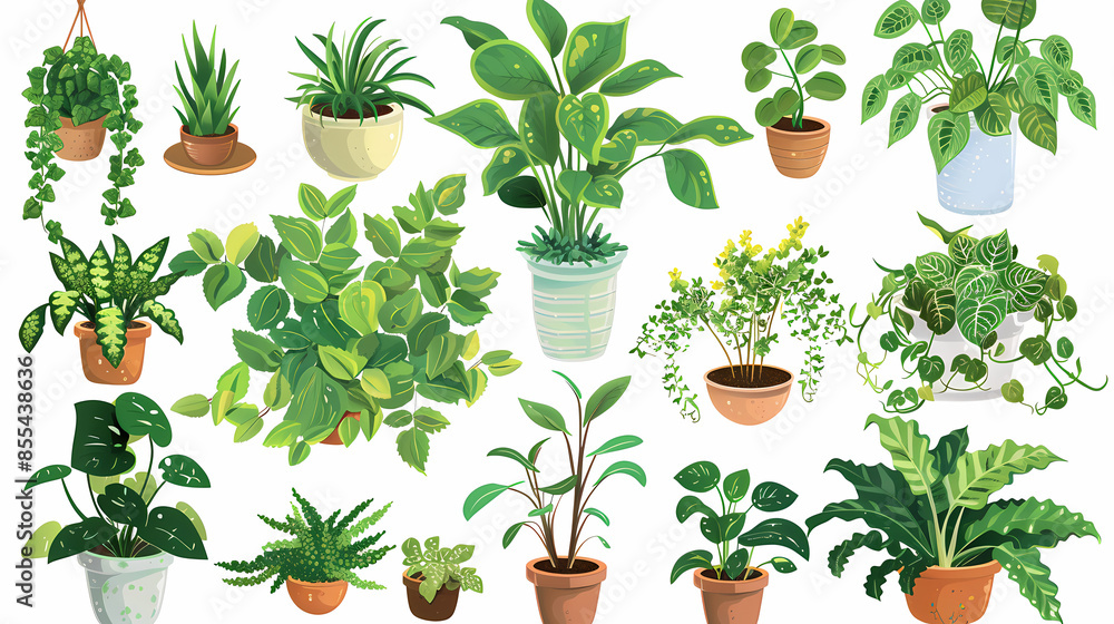 Obraz premium Set of different plants in pots isolated on white background illustration