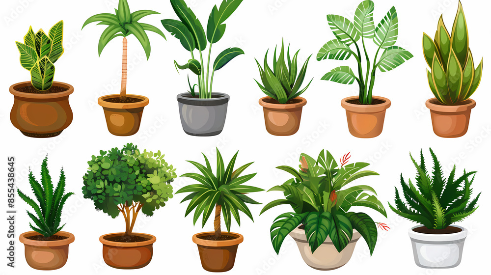Obraz premium Set of different plants in pots isolated on white background illustration