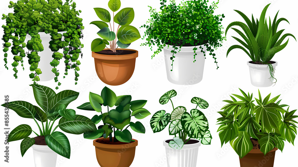 Fototapeta premium Set of different plants in pots isolated on white background illustration