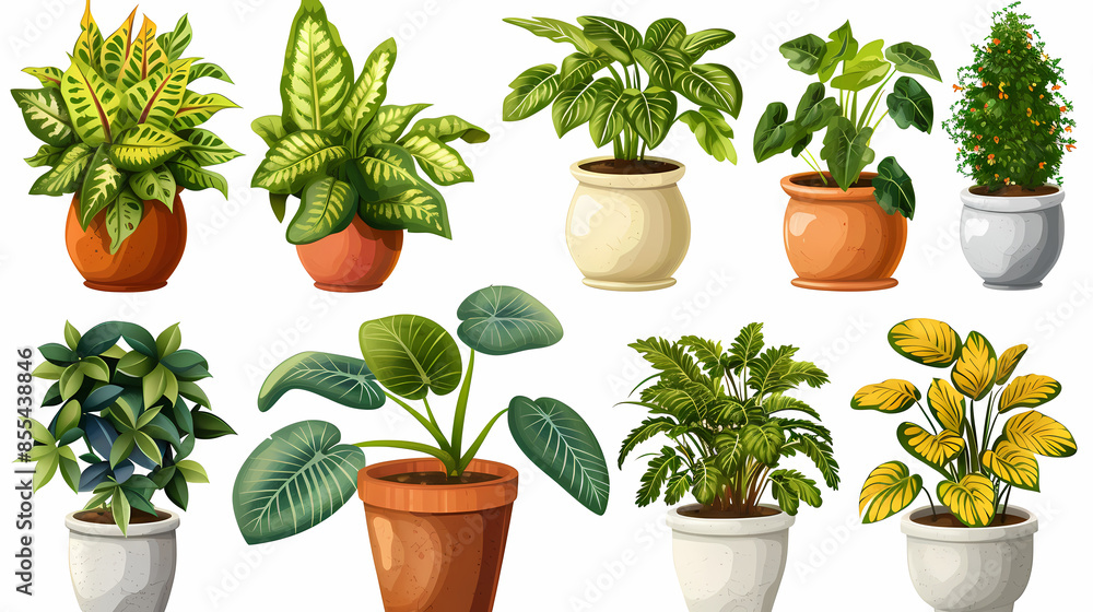 Fototapeta premium Set of different plants in pots isolated on white background illustration