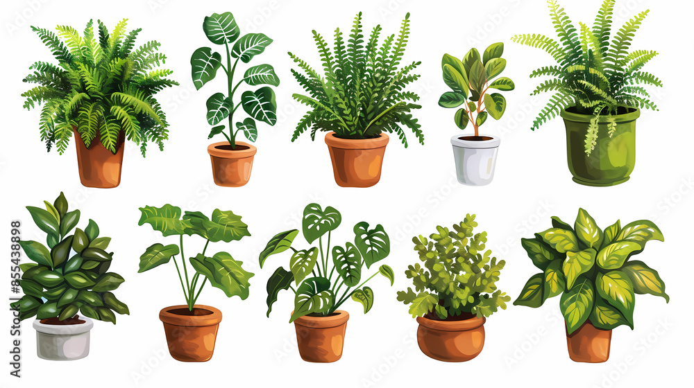 Fototapeta premium Set of different plants in pots isolated on white background illustration