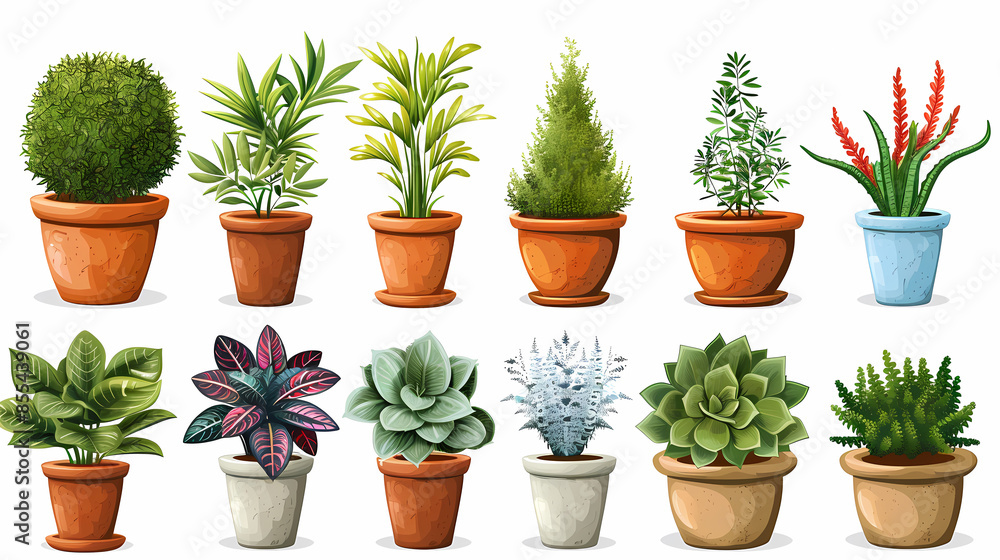 Set of different plants in pots isolated on white background illustration Set of different plants in pots isolated on white background illustration