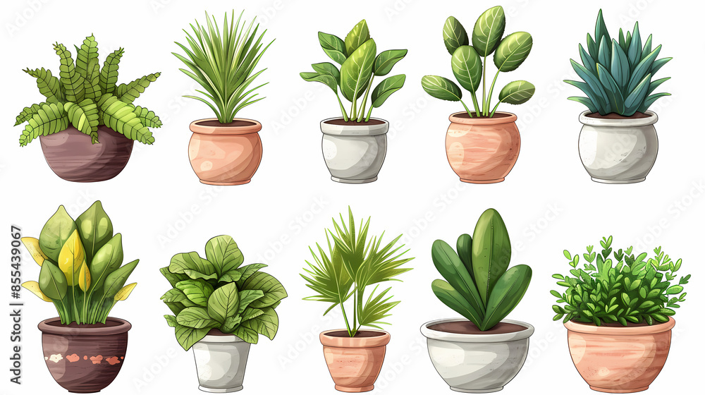 Fototapeta premium Set of different plants in pots isolated on white background illustration