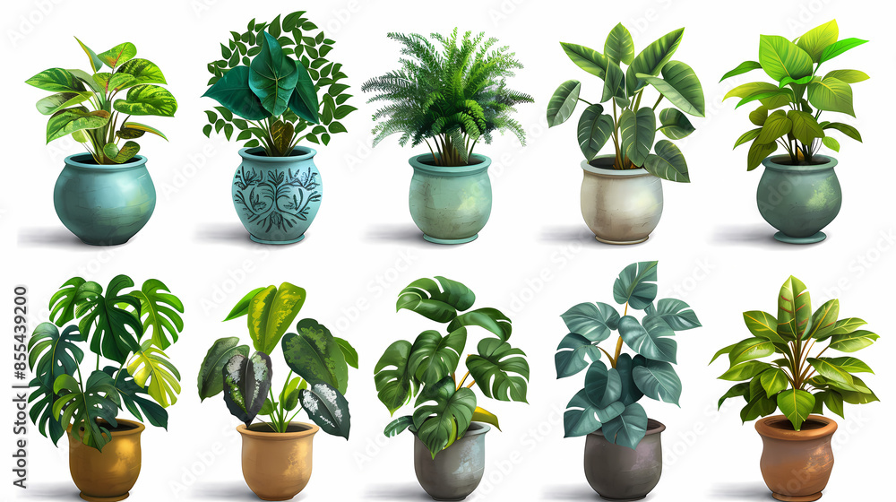 Obraz premium Set of different plants in pots isolated on white background illustration