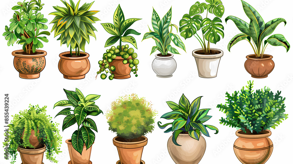 Fototapeta premium Set of different plants in pots isolated on white background illustration