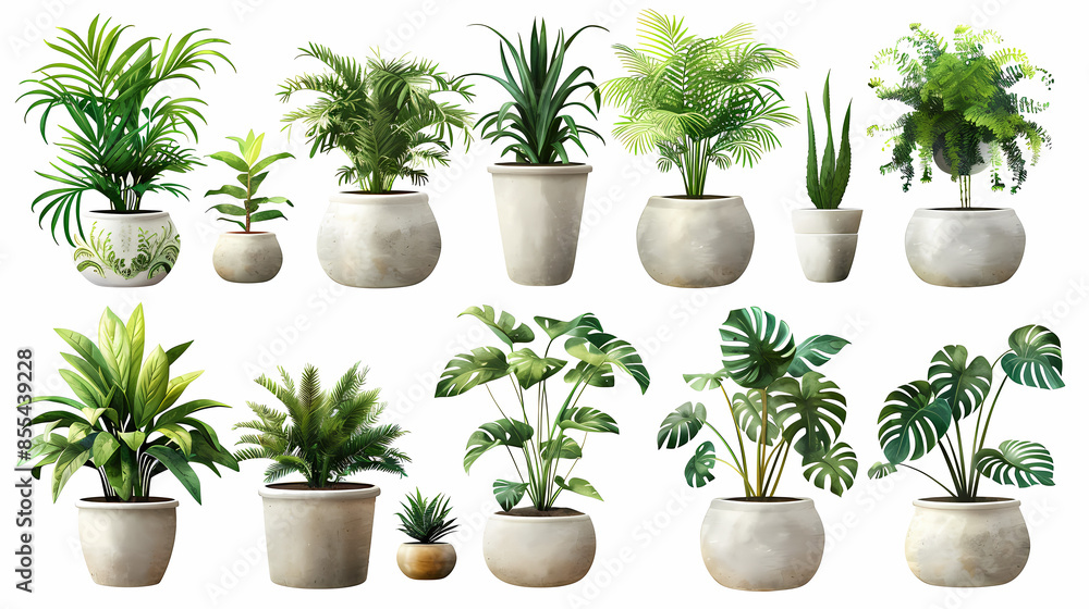 Obraz premium Set of different plants in pots isolated on white background illustration