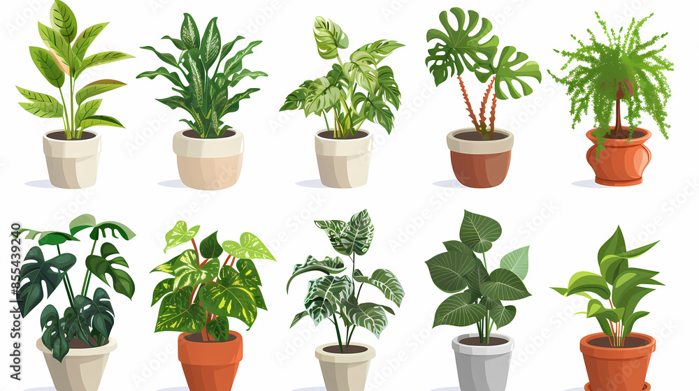Fototapeta premium Set of different plants in pots isolated on white background illustration