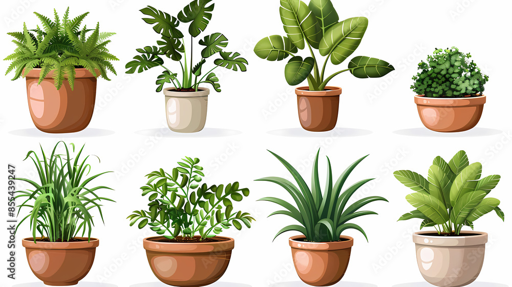Fototapeta premium Set of different plants in pots isolated on white background illustration
