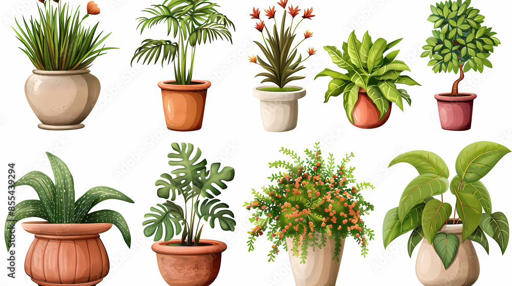 Fototapeta premium Set of different plants in pots isolated on white background illustration