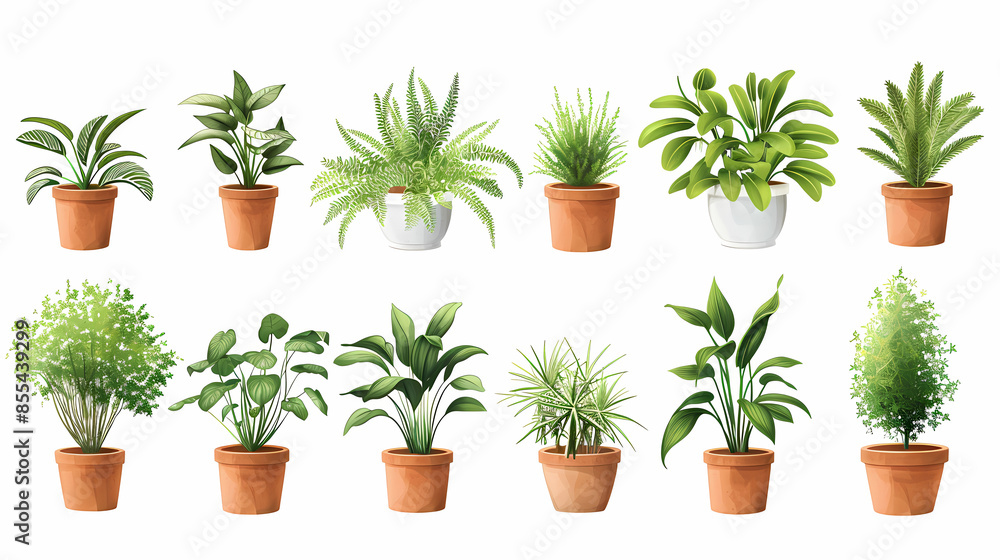 Obraz premium Set of different plants in pots isolated on white background illustration