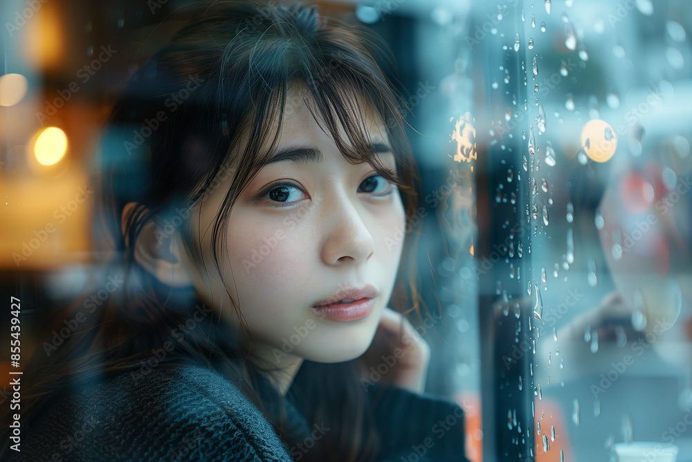 カフェの窓から外を見ている若い女性「AI生成画像」
