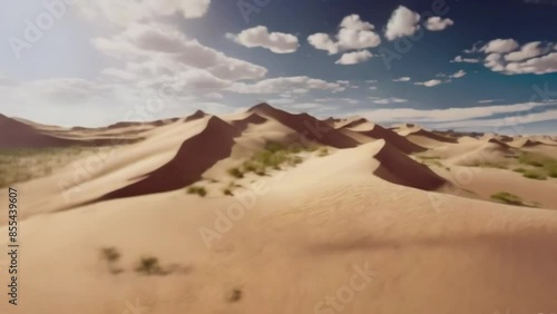 Serene Desert Landscape with Rolling Sand Dunes and Time-Lapse Cloud Animation Under a Clear Blue Sky