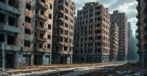 abandoned post apocalyptic urban city ruins. empty aged old building exterior derelict. decayed skyscraper apartment buildings.