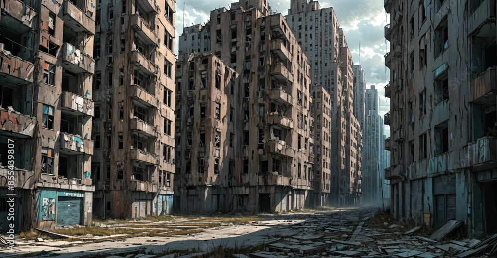 abandoned post apocalyptic urban city ruins. empty aged old building ...