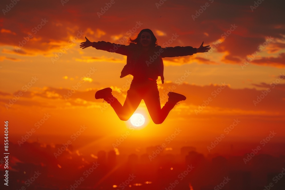 Freedom jump. silhouette of jumping person, sunrise in background, minimalistic style, golden hour light, orange and black colors Freedom jump. silhouette of jumping person, sunrise in background, minimalistic style, golden hour light, orange and black colors