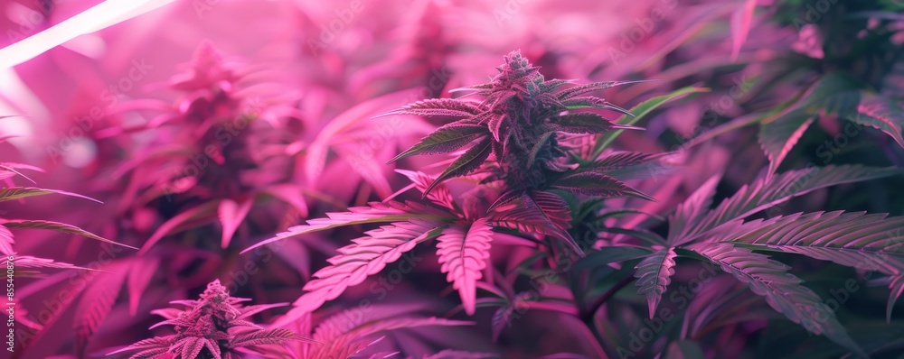 Cannabis plants under pink LED grow lights in greenhouse, close-up view. Medical marijuana cultivation concept Cannabis plants under pink LED grow lights in greenhouse, close-up view. Medical marijuana cultivation concept