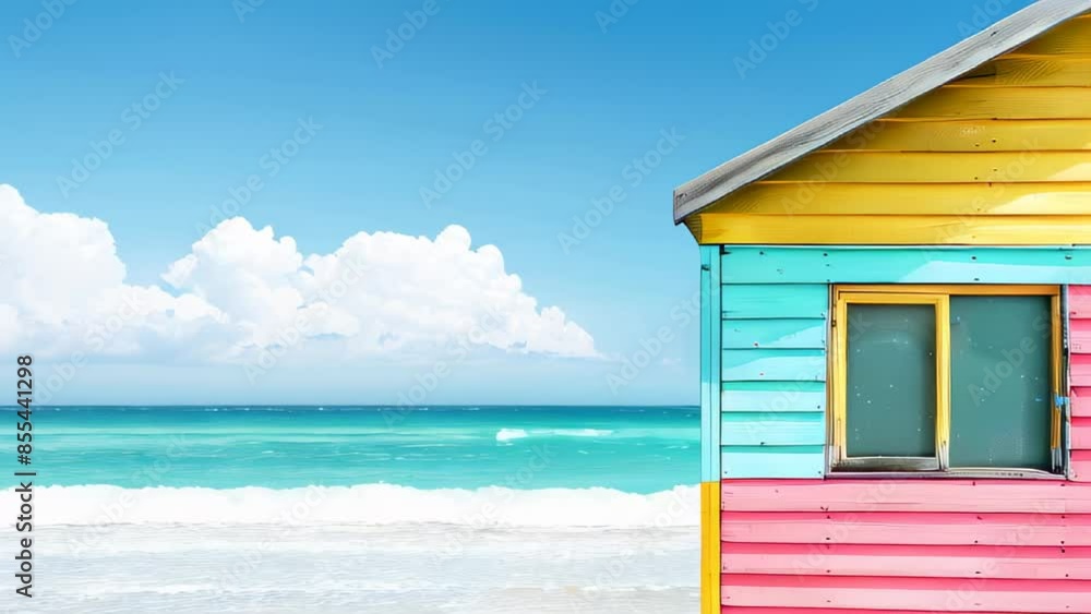 Colorful beachfront cabin with sea and clear sky Colorful beachfront cabin with sea and clear sky