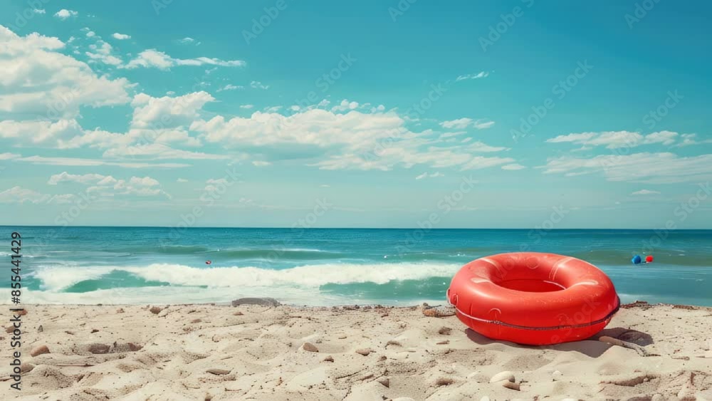 Lifebuoy on sandy beach with clear blue sky and tranquil sea waves Lifebuoy on sandy beach with clear blue sky and tranquil sea waves
