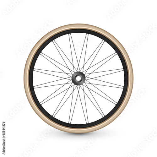 Realistic 3d retro bicycle wheel. Bike rubber tire, shiny metal spokes and rim. Fitness cycle, touring, sport, road and mountain bike. Vector illustration
