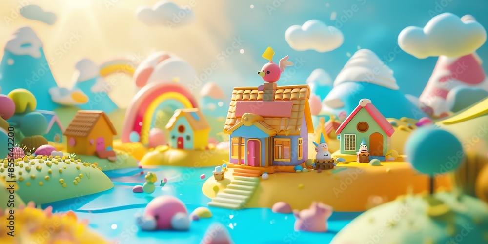 Tiny cute isometric A beautiful rainbow village morning scene. Sunlight shines on the golden wheat field and dozens of small animals are busy. Describe the rainbow village morning scene Tiny cute isometric A beautiful rainbow village morning scene. Sunlight shines on the golden wheat field and dozens of small animals are busy. Describe the rainbow village morning scene