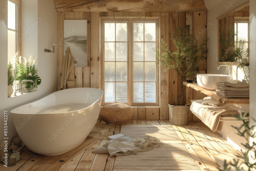 White and wooden bathroom with a freestanding tub White and wooden bathroom with a freestanding tub
