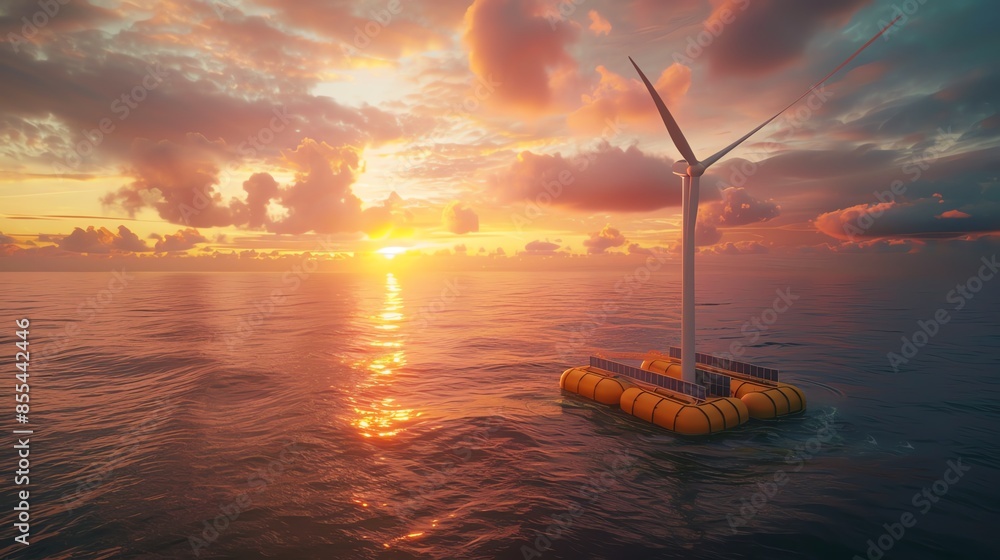 Aerial view of a floating wind turbine farm on a serene ocean, harnessing wind energy under a vibrant, cyberpunk sunset, illustrating future renewable energy Aerial view of a floating wind turbine farm on a serene ocean, harnessing wind energy under a vibrant, cyberpunk sunset, illustrating future renewable energy