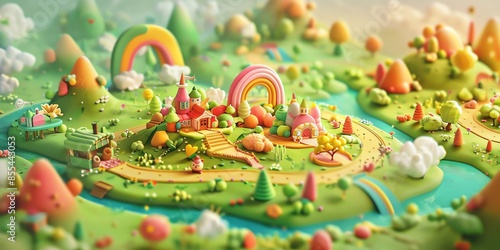 Tiny cute isometric A beautiful rainbow village morning scene. Sunlight shines on the golden wheat field and dozens of small animals are busy. Describe the rainbow village morning scene © rajagambar99
