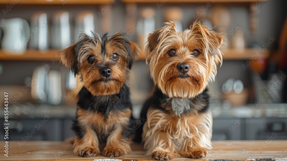 Playful Yorkshire Terriers in Cozy Kitchen Ambience Playful Yorkshire Terriers in Cozy Kitchen Ambience