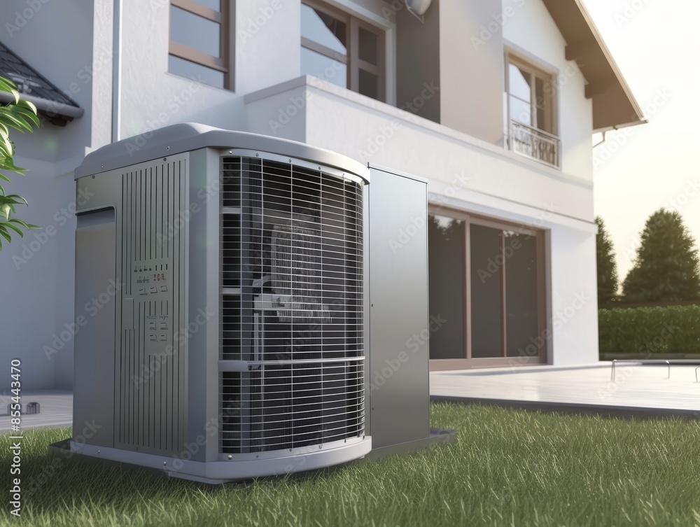 Fototapeta premium Air source heat pump installed in residential building. Sustainable and clean energy at home. - ai
