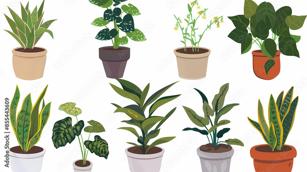 Fototapeta premium Set of different plants in pots isolated on white background illustration