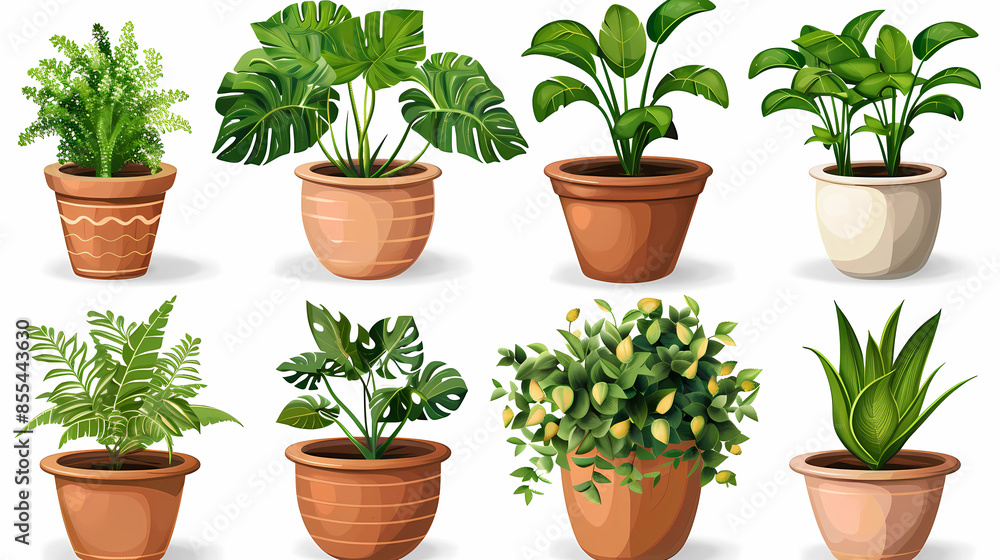 Fototapeta premium Set of different plants in pots isolated on white background illustration