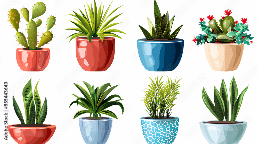 Fototapeta premium Set of different plants in pots isolated on white background illustration
