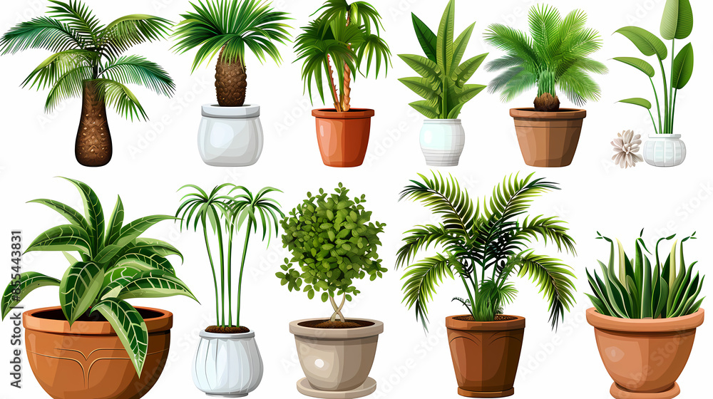 Fototapeta premium Set of different plants in pots isolated on white background illustration