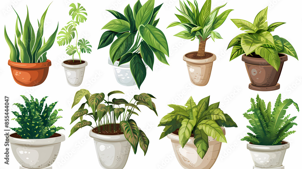 Fototapeta premium Set of different plants in pots isolated on white background illustration