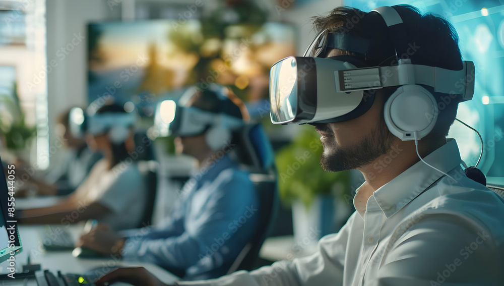 A group of people wearing VR headsets and headphones are immersed in a virtual experience, showcasing the potential of VR technology in various fields. A group of people wearing VR headsets and headphones are immersed in a virtual experience, showcasing the potential of VR technology in various fields.