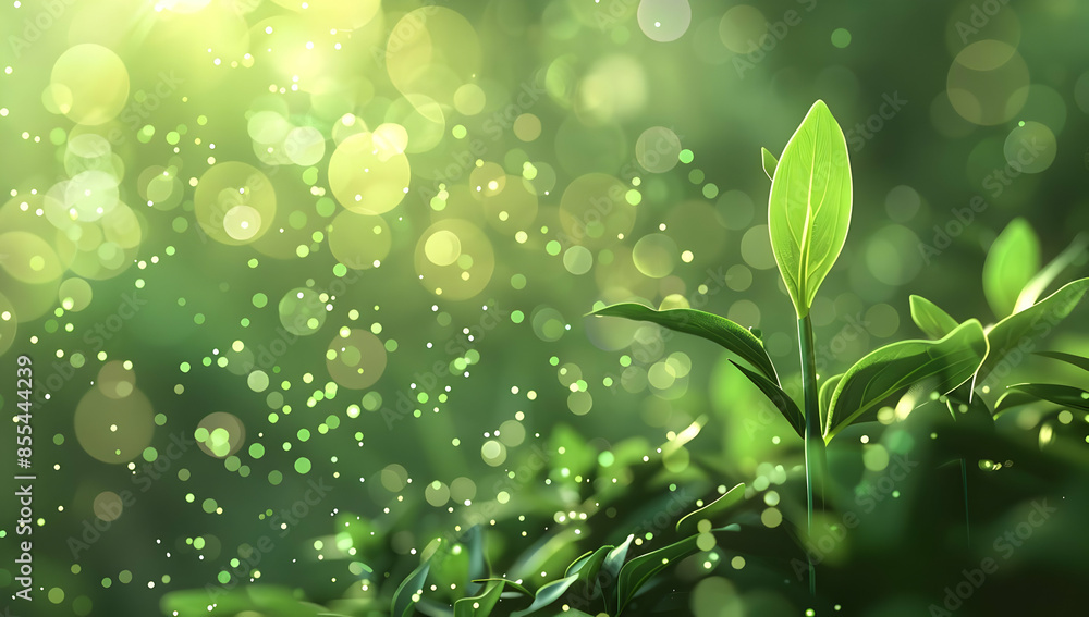 A single green sprout growing amidst a lush green background with sunlight and raindrops. A single green sprout growing amidst a lush green background with sunlight and raindrops.