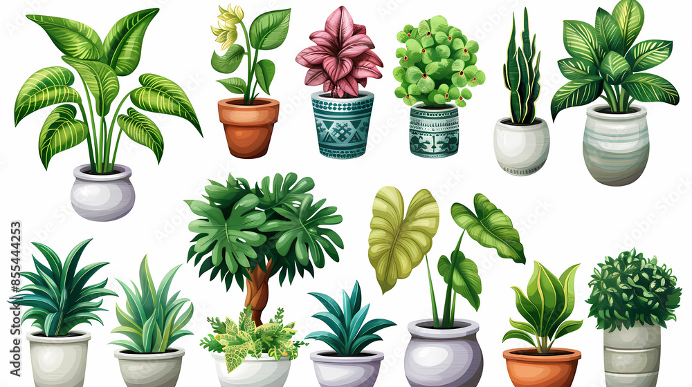 Obraz premium Set of different plants in pots isolated on white background illustration