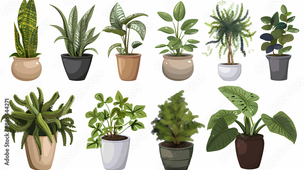 Fototapeta premium Set of different plants in pots isolated on white background illustration