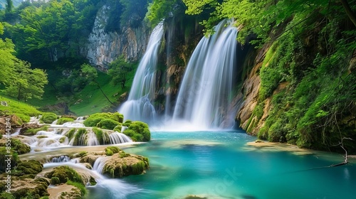 stunning waterfall cascading into turquoise pool amidst lush green landscape nature photography